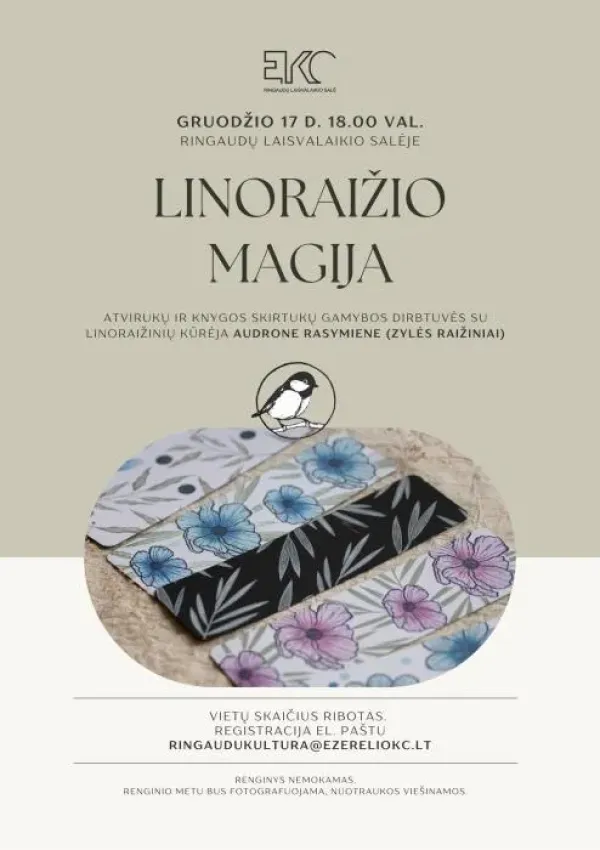 „LINORAIŽIO MAGIJA“ atvirukų ir knygos skirtukų gamybos dirbtuvės su lino raižinių kūrėja Audrone Rasymiene (Zylės raižiniai) nuotrauka
